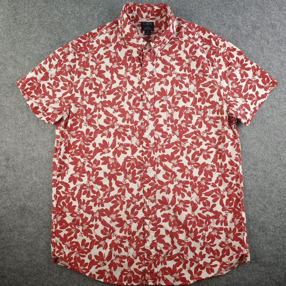 J Crew Flex Washed Shirt Mens Medium Red Floral Short Sleeve Stretch Button Down